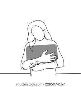 woman presses a laptop to her chest - one line vector drawing. concept old favorite laptop, buying a new laptop