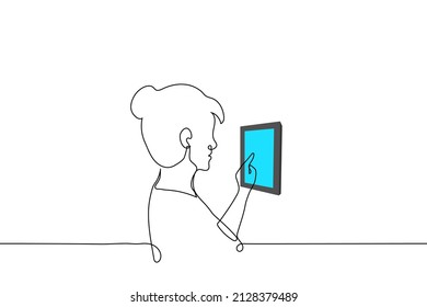 Woman Presses The Touchpad On The Wall Inside The House - One Line Drawing Vector. Concept Smart Home System