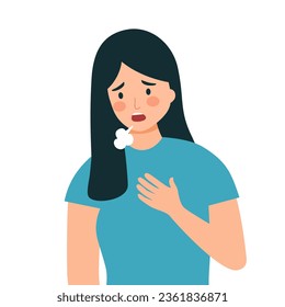 Woman pressing against her chest with a shortness of breath symptom in flat design on white background. Difficulty breathing. - Shutterstock ID 2361836871