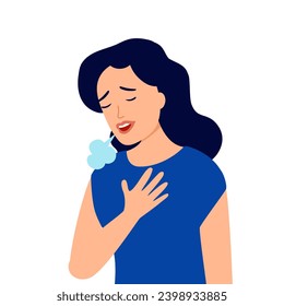 Woman pressing against her chest with a shortness of breath symptom in flat design on white background. Difficulty breathing.