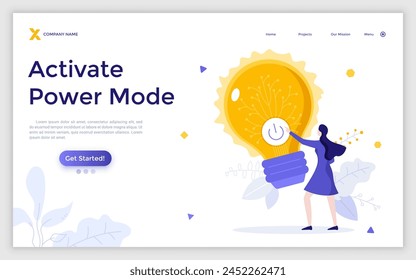 Woman pressing button on glowing lightbulb. Concept of power mode, flow of energy, release of new idea, insight, creation of innovative project. Modern flat vector illustration for landing page
