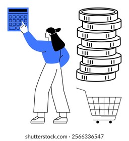 Woman pressing a calculator, stack of coins, shopping cart. Ideal for finance, budgeting, shopping, economics, saving money. Cartoon style