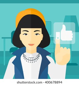 Woman pressing like button. Woman pressing like button.