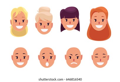 Woman, pretty faces with different hairstyles and emotions. Avatar. Vector illustration.