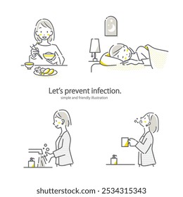 Uma mulher que previne doenças infecciosas: ilustração de desenho simples e elegante