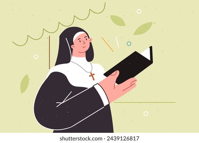 Woman priest reads religious literature or old testament standing in park, dressed in monastic robe. Girl priest studies christian bible describing rules of conduct for church employees