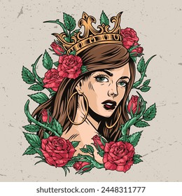 Woman princess colorful vintage poster with girl in crown and wild roses with graceful wavy stems vector illustration