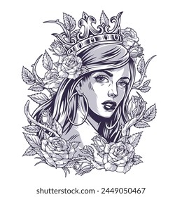 Woman princess monochrome vintage poster with heiress of royal throne with crown on head standing among dangerous flowers vector illustration