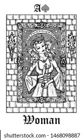 Woman or princess. Tarot card from vector Lenormand Gothic Mysteries oracle deck. Black and white engraved illustration. Fantasy and mystic line art drawing. Gothic, occult and esoteric background