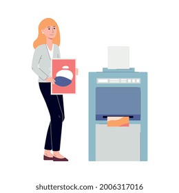 Woman printing house employee hold color copy working with printing equipment. Industrial print production, advertising agency with inkjet or digital printers. Vector illustration.