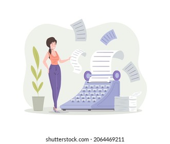 Woman printing publicity text on retro typewriter with paper sheet. Concept of content creator, copywriter, writer and journalist professional occupation. Female author writing article vector cartoon