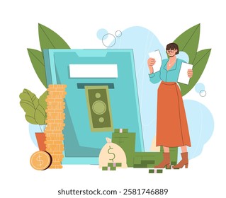 Woman prints money. Young girl with banknotes and golden coins. Currency and finances. Dollars and cents. Earnings and income. Banking services. Flat vector illustration