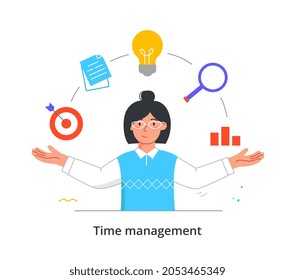 Woman prioritizes concept. Time management, creating your own schedule. Planning tasks, analyzing steps towards goal, plotting graph. Cartoon flat vector illustration isolated on white background