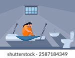 Woman in prisoners cell. Serving time for crime. Violation of law. Girl in orange uniform on bunk. Jail interior. Convicted lawbreaker sitting on bed.
