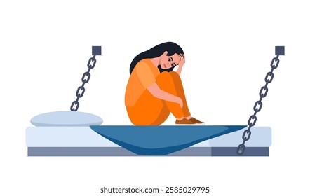 Woman in prisoners cell. Serving time for crime. Violation of law. Girl in orange uniform on bunk. Jail interior. Convicted lawbreaker sitting on bed.