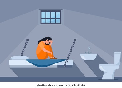 Woman in prisoners cell. Serving time for crime. Violation of law. Girl in orange uniform on bunk. Jail interior. Convicted lawbreaker sitting on bed.