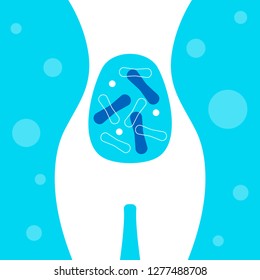 Woman With Probiotics In Her Stomach, Girl With Good Bacteria In Her Stomach. Vector Illustration