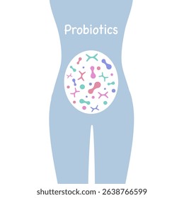 Woman with probiotics in her stomach, girl with good bacteria in her stomach. Vector illustration