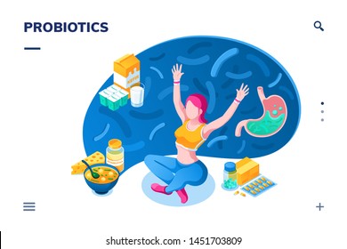 Woman and probiotics products. Isometric screen for smartphone health or nutrition concept application. Food for healthy bowel, gut flora, stomach disease. Kefir, kombucha tea, soup, pills. Diet