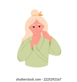 Woman with problem skin, acne, spots. Woman presses pimples. Skincare, facial care and dermatology. Hand drawn vector illustration