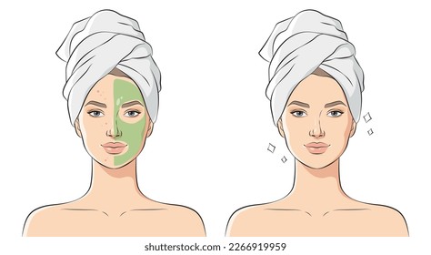 Woman with problem skin uses cosmetic mask, vector illustration