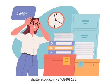 Woman with problems at work. Young girl with stack of documents and papers. Overworked businesswoman at workplace. Worker with stress and emotional burnout. Cartoon flat vector illustration