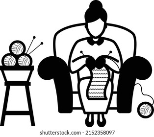 woman in the process of knitting while sitting on couch vector icon design, Crafting occupations symbol, hobby and art works Sign, Creative People stock illustration, Hand knitting Concept