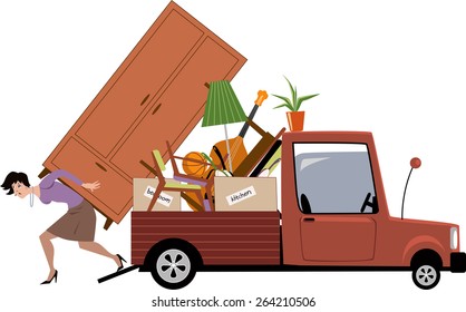 Woman in process of relocation loading furniture on a pick-up truck, vector illustration, no transparencies, EPS 8 