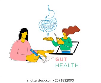 Woman in the process of taking notes, with her laptop displaying the digestive tract anatomy learns online at webinar about gut health. Vector flat style Illustration