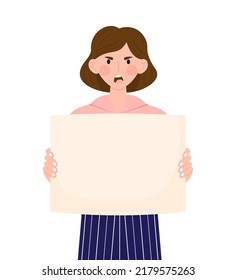 Woman pro-choice activist holding empty placard with place for text. Female protestor. Feminism manifestation. Flat vector illustration isolated on white background