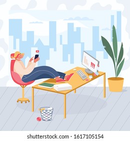 Woman procrastinating on the workplace in the office. Worker surfing the Internet and wasting time concept. Vector illustration with businesswoman resting and  seating at his desk during working hours