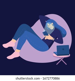 Woman procrastinating with smartphone in a bag chair. Digital addiction concept. Girl using a lot of gadgets: smartphone, laptop, 
fitness bracelet. Light from phone screen, electromagnetic radiation.