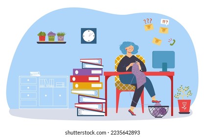 Woman procrastination at home work, vector illustration. Business woman worker charcater knit near computer freelance job at room.