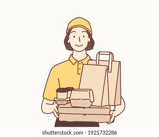 Woman with products in paper bags and containers on white background. Hand drawn style vector design illustrations.