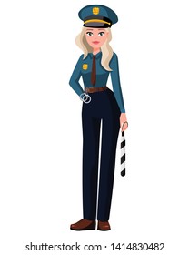 Woman profession character vector design. Cartoon realistic people illustration. Flat young woman. Woman worker. Police, cop, officer, policewoman in uniform.