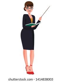 Woman profession character vector design. Cartoon realistic people illustration. Flat young woman worker. Teacher in official clothes and glasses with folder and a pointer in hands. Presentation pose.