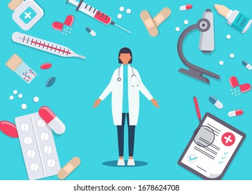 Diseño vectorial de carácter profesional femenino. Dibujo popular realista. Mujer joven plana. Mujer trabajadora. Doctor. Enfermera con un abrigo blanco con una carpeta en las manos.