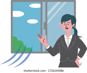 woman profession open window ventilate