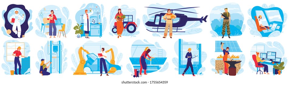 Woman in profession vector illustration set. Cartoon flat woman character in uniform costume work as pilot or astronaut, scientist engineer, worker. Different female professional job isolated on white