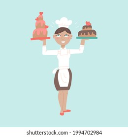 Woman Professional Chef Character with Delicious Cake Desserts. Female Baker Wearing Traditional Uniform Working in Restaurant or Cafe. Vector flat hand drawn Illustration
