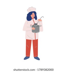 Woman Professional Chef Character with Saucepan and Laddle, Female Kitchener Wearing Traditional Uniform Working in Restaurant or Cafe, Vector Illustration