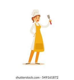 Woman Professional Cooking Chef Working In Restaurant Wearing Classic Traditional Uniform With Spatula Cartoon Character