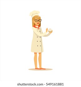 Woman Professional Cooking Chef Working In Restaurant Wearing Classic Traditional Uniform With Cupcake Cartoon Character