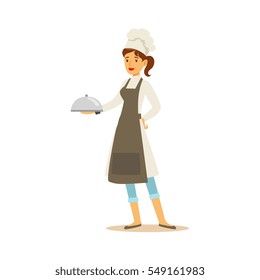 Woman Professional Cooking Chef Working In Restaurant Wearing Classic Traditional Uniform With Ready Dish Cartoon Character