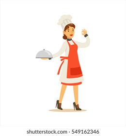 Woman Professional Cooking Chef Working In Restaurant Wearing Classic Traditional Uniform Showing OK Gesture Cartoon Character