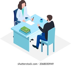 Woman professional doctor dialogue male character patient, record card patient health history isometric 3d vector illustration, isolated on white.