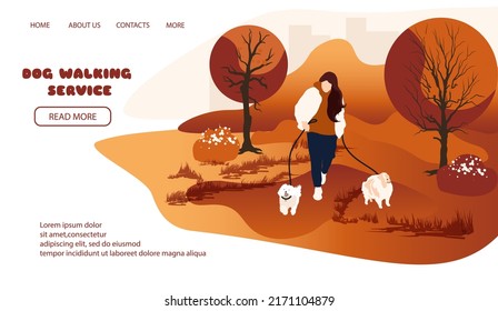 Woman Professional Pet Service. Cartoon Flat Vector illustration for  Web Banner, Landing Page Template. Girl with Maltipu and Pomeranian in autumn Park. Dog walker, professional sitter concept.