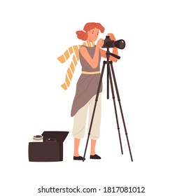 Woman professional photographer take photo use camera on tripod vector flat illustration. Female photographing having removable various lens in bag isolated. Creative person enjoying work or hobby