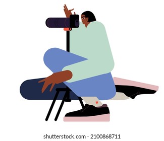 Woman professional photographer take photo use camera on tripod vector flat illustration. Photography Flat Cartoon Illustration