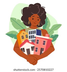 Woman professional real estate agent vector illustration. Female broker offering wide choice of different kind house apartment to rent or buy. Realtor holding home buildings in hugs metaphor